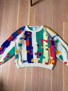Vintage Box Mondial 80s Intarsia Colourful Pure Wool Knit Sweater